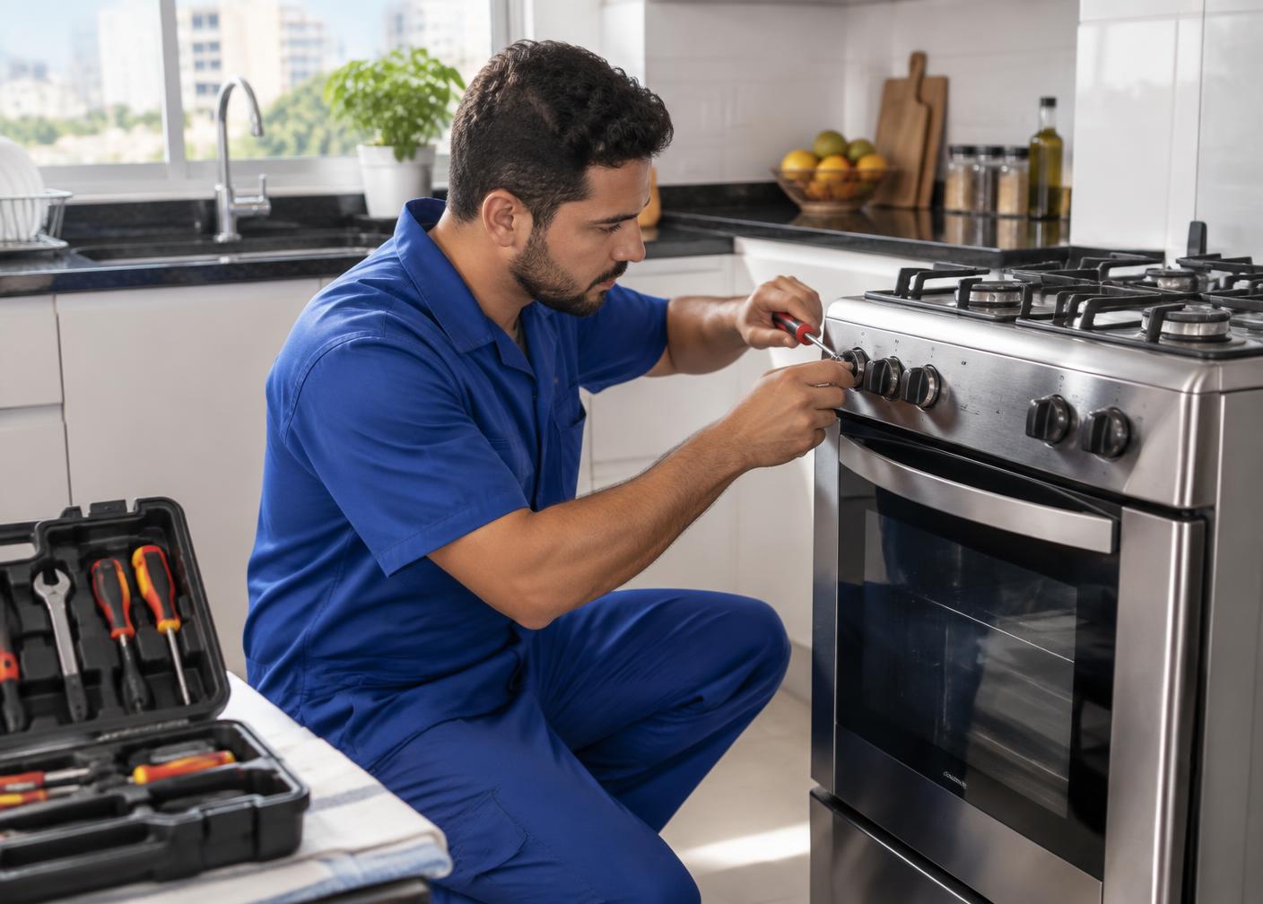 Técnico realizando conserto em fogão